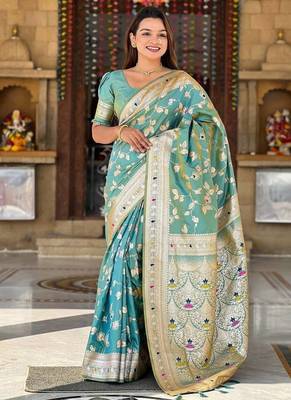 Sea Green Color Banarasi Silk Meenakari Design Saree 2