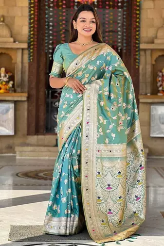 Sea Green Color Banarasi Silk Meenakari Design Saree