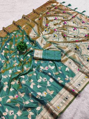 Sea Green Color Banarasi Silk Meenakari Design Saree 3