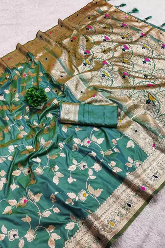 Sea Green Color Banarasi Silk Meenakari Design Saree