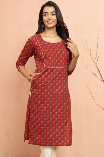 Women's rust floral pleated kurta - designer rakhi outfit with pleated yoke ethnic dress