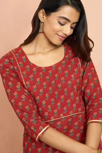 Worust floral pleated kurta - designer rakhi outfit with pleated yoke ethnic dress