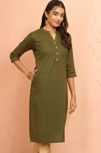Women's mehendi green embroidered cotton kurta - festive rakhi outfit with sequin work