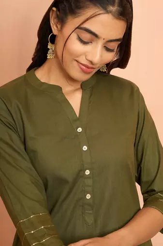 Womehendi green embroidered cotton kurta - festive rakhi outfit with sequin work