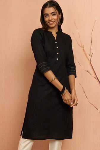 Women's black embroidered cotton kurta - designer rakhi outfit with sequin work ethnic dress