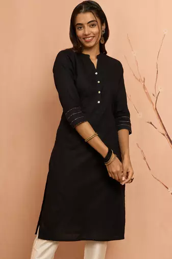 Women's black embroidered cotton kurta - designer rakhi outfit with sequin work ethnic dress