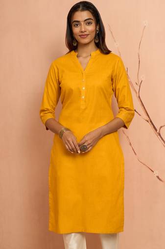 Women's mustard embroidered cotton kurta - festive rakhi outfit with sequin work ethnic wear