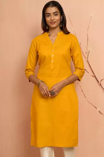 Women's mustard embroidered cotton kurta - festive rakhi outfit with sequin work ethnic wear