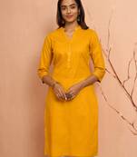 Womustard embroidered cotton kurta - festive rakhi outfit with sequin work ethnic wear