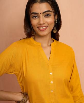 Womustard embroidered cotton kurta - festive rakhi outfit with sequin work ethnic wear 2