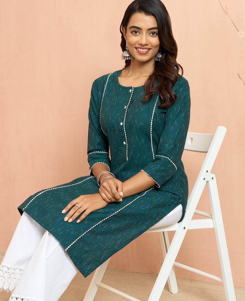 Women's green cotton ikkat kurta - ethnic wear rakhi collection with pocket traditional dress