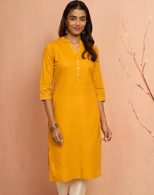 Womustard embroidered cotton kurta - festive rakhi outfit with sequin work ethnic wear 3