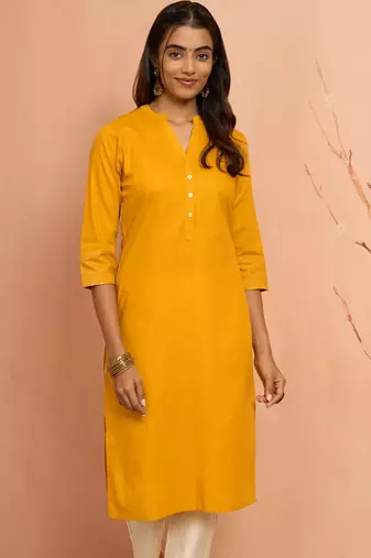 Womustard embroidered cotton kurta - festive rakhi outfit with sequin work ethnic wear