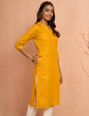 Womustard embroidered cotton kurta - festive rakhi outfit with sequin work ethnic wear 4