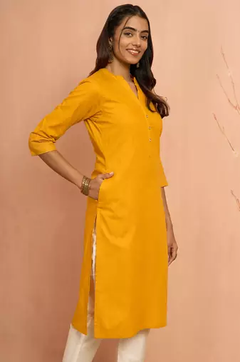 Womustard embroidered cotton kurta - festive rakhi outfit with sequin work ethnic wear