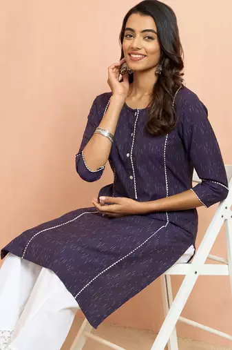Women's purple cotton ikkat kurta - traditional raksha bandhan dress with pocket ethnic wear