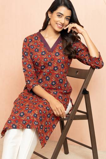 Women's rust kalamkari print cotton kurta - traditional raksha bandhan outfit three quarter sleeve