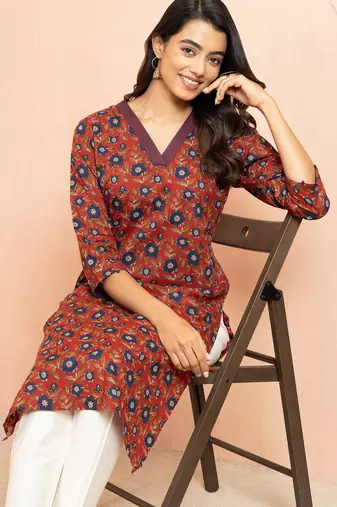 Women's rust kalamkari print cotton kurta - traditional raksha bandhan outfit three quarter sleeve