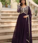 Wine faux georgette with embroidered sequins work gown dupatta