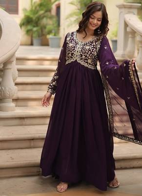 Wine faux georgette with embroidered sequins work gown dupatta 2
