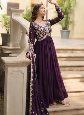 Wine faux georgette with embroidered sequins work gown dupatta 3