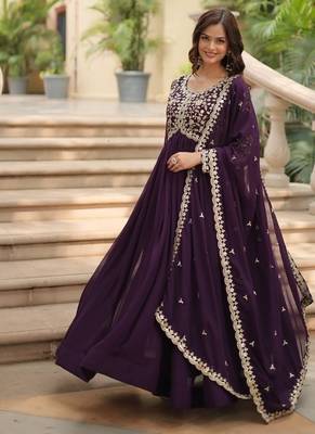 Wine faux georgette with embroidered sequins work gown dupatta 4