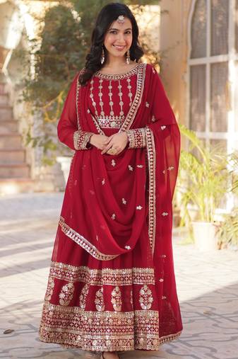 Maroon faux blooming with embroidery zari sequins-work gown with dupatta
