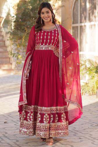 Ranipink faux blooming with embroidery zari sequins-work gown with dupatta