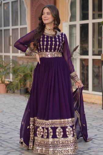 Purple faux blooming with embroidery zari sequins-work gown with dupatta