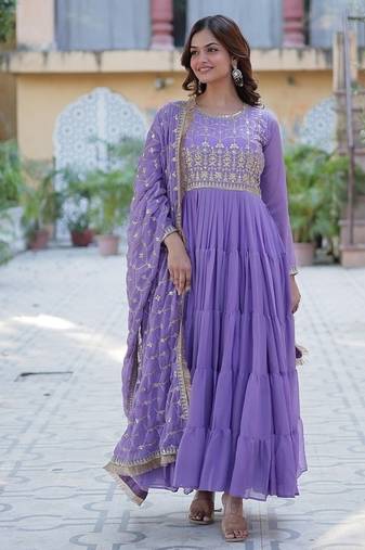 Lavender star georgette with rich sequins embroidered work gown dupatta