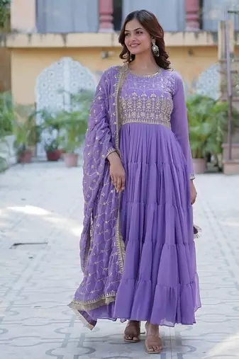 Lavender star georgette with rich sequins embroidered work gown dupatta