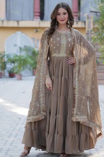 Beige star georgette with rich sequins embroidered work gown dupatta