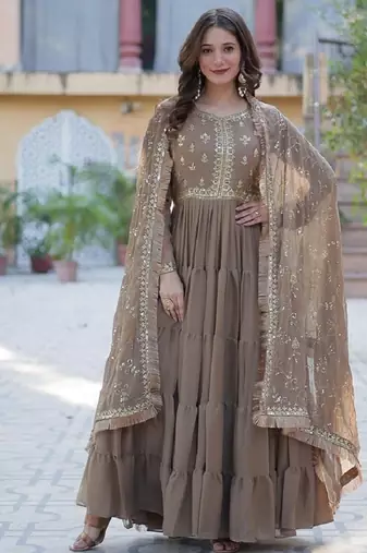 Beige star georgette with rich sequins embroidered work gown dupatta