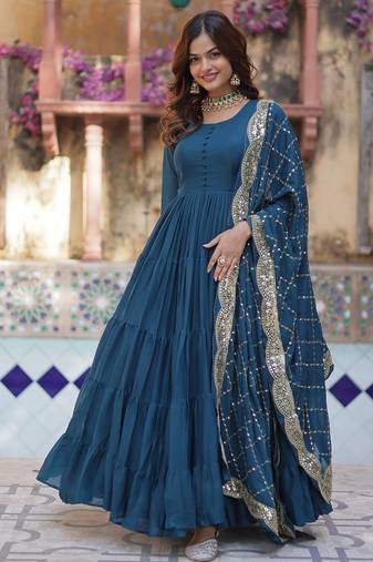 Teal georgette plain gown with dupatta