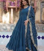 Teal georgette plain gown with dupatta