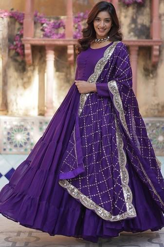 Purple georgette plain gown with dupatta