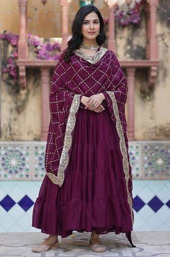 Wine georgette plain gown with dupatta