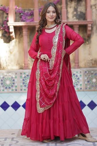 Rani pink georgette plain gown with dupatta