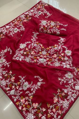 Pink Party Wear Soft Organza Saree