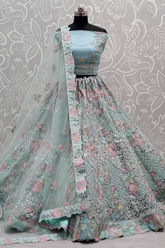 Sea Blue Net Heavy Fancy Embroidered Designer Lehenga Choli