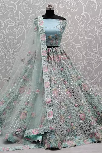 Sea Blue Net Heavy Fancy Embroidered Designer Lehenga Choli