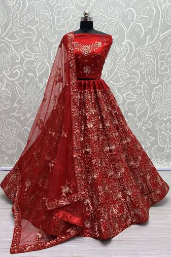 Red Net Heavy Fancy Embroidered Designer Lehenga Choli