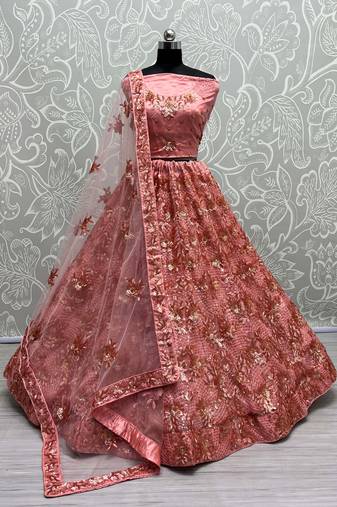 Peach Net Heavy Fancy Embroidered Designer Lehenga Choli