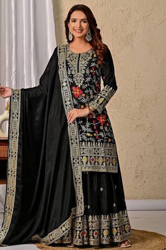 BLACK CHINON PARTY WEAR EMBROIDERY SUIT SET 