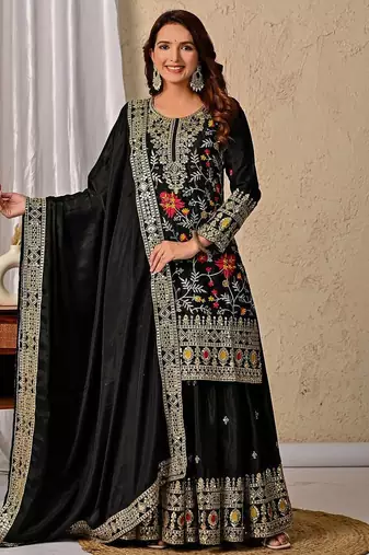 BLACK CHINON PARTY WEAR EMBROIDERY SUIT SET 