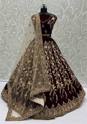 Maroon Velvet Heavy Fancy Embroidered Designer Lehenga Choli 1