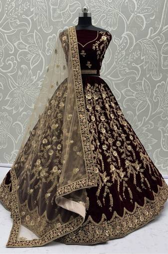 Maroon Velvet Heavy Fancy Embroidered Designer Lehenga Choli