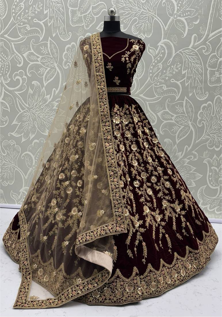 Maroon Velvet Heavy Fancy Embroidered Designer Lehenga Choli