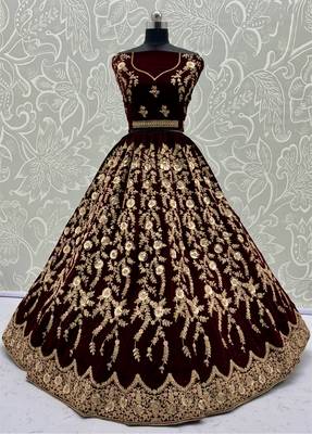 Maroon Velvet Heavy Fancy Embroidered Designer Lehenga Choli 3