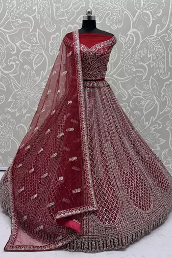 Cherry Net Heavy Fancy Embroidered Designer Lehenga Choli